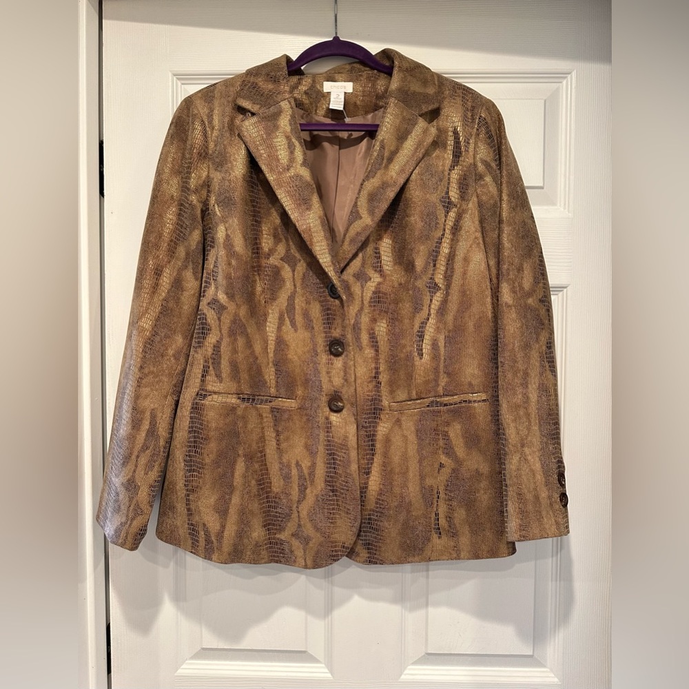 Chico’s Tan Brown Snakeskin Animal Print Lined Blazer Jacket Size 2